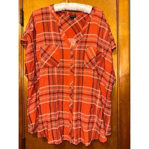 Torrid Size 3X Orange Plaid Button Up Top Autumn colors Loose Fit Short Sleeve